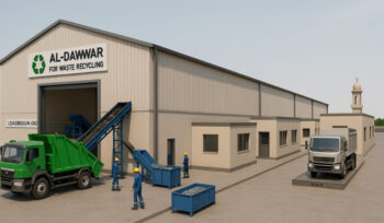 3D illustration of Al-Dawwar waste recycling facility in Iraq with trucks, conveyor system, and workers handling waste processing, promoting modern recycling solutions and environmental sustainability