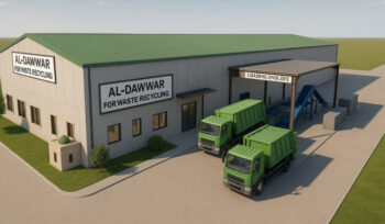 3D rendering of Al-Dawwar waste recycling plant with green garbage trucks and modern waste processing facility, supporting sustainable waste management and recycling in Iraq