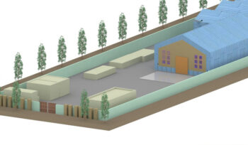 3D architectural design of a Dawar Project waste sorting and recycling facility, featuring storage areas, processing hall, and green landscaping for sustainable waste management in Iraq